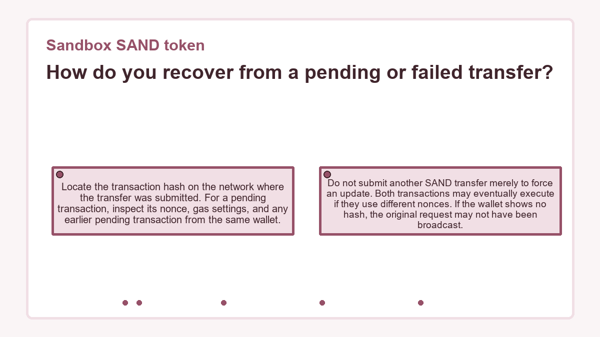 How do you recover from a pending or failed transfer?: Locate the transaction hash on the network where the transfer was submitted. For a pending transaction, inspect its nonce, gas settings, and any earlier pending transaction from the same wallet.; Do not submit another SAND transfer merely to force an update. Both transactions may eventually execute if they use different nonces. If the wallet shows no hash, the original request may not have been broadcast.